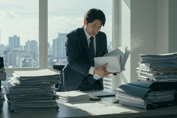 [山積みの書類や困っているビジネスパーソン]