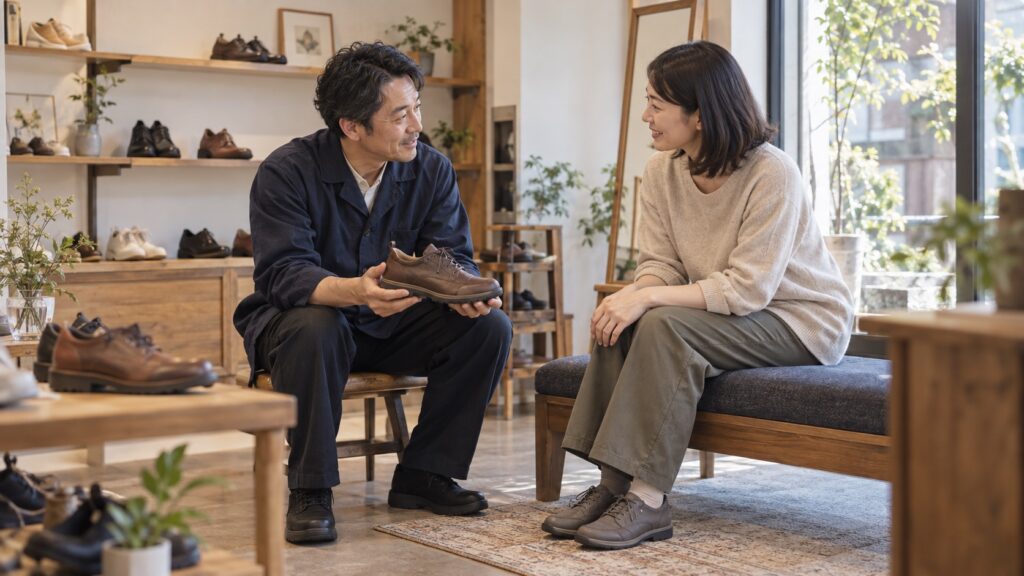 靴店で店員がお客様の話を聞きながら靴を提案するAI生成のイメージ