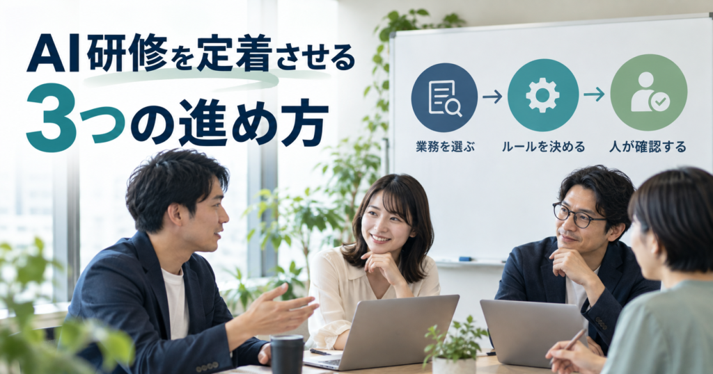 AI研修を定着させる3つの進め方を示す企業研修のイメージ